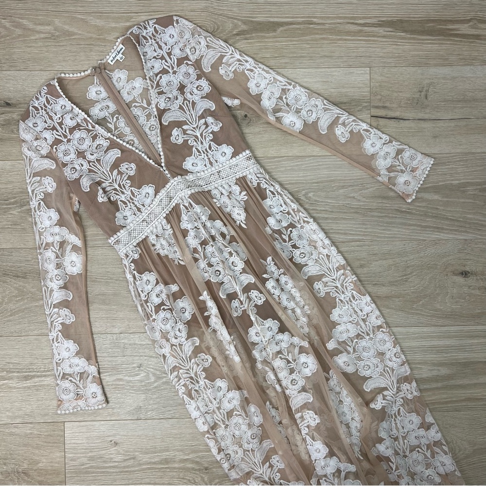 For Love And Lemons Floral Lace Maxi Dress in White and Tan